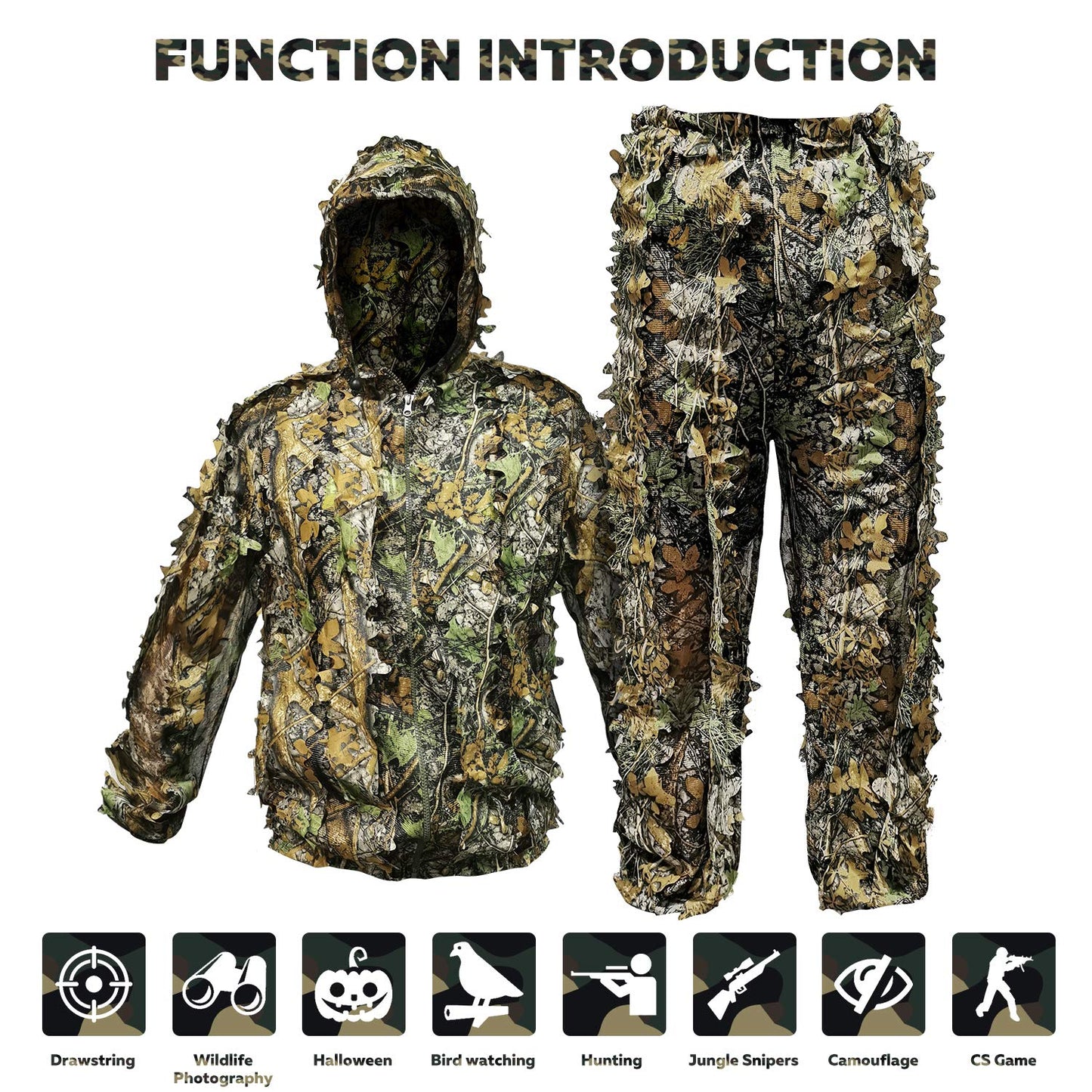 Ghillie Suit Outdoor Leafy Suit for Hunting Super Lightweight Hooded Camouflage Including Clothes Gloves Face Mask and Bag