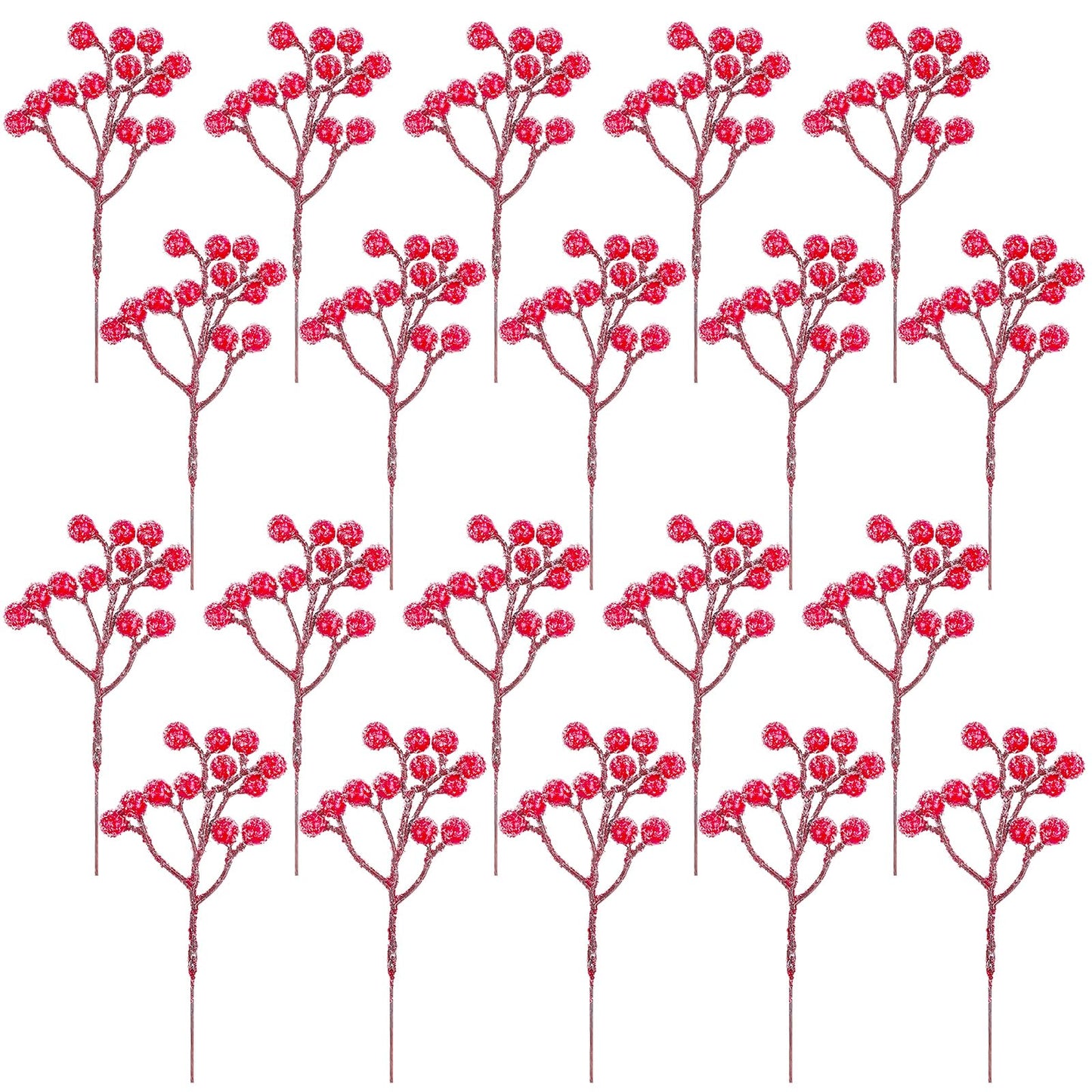 Fangoo 20 Pack 7 Inch Artificial Red Berry Picks for Christmas Tree Burgundy Red Berries Stems Holly Berry Branches Ornaments Wreath Crafts Wedding Holiday Season Winter Home Decor (Sprays Snow Red)