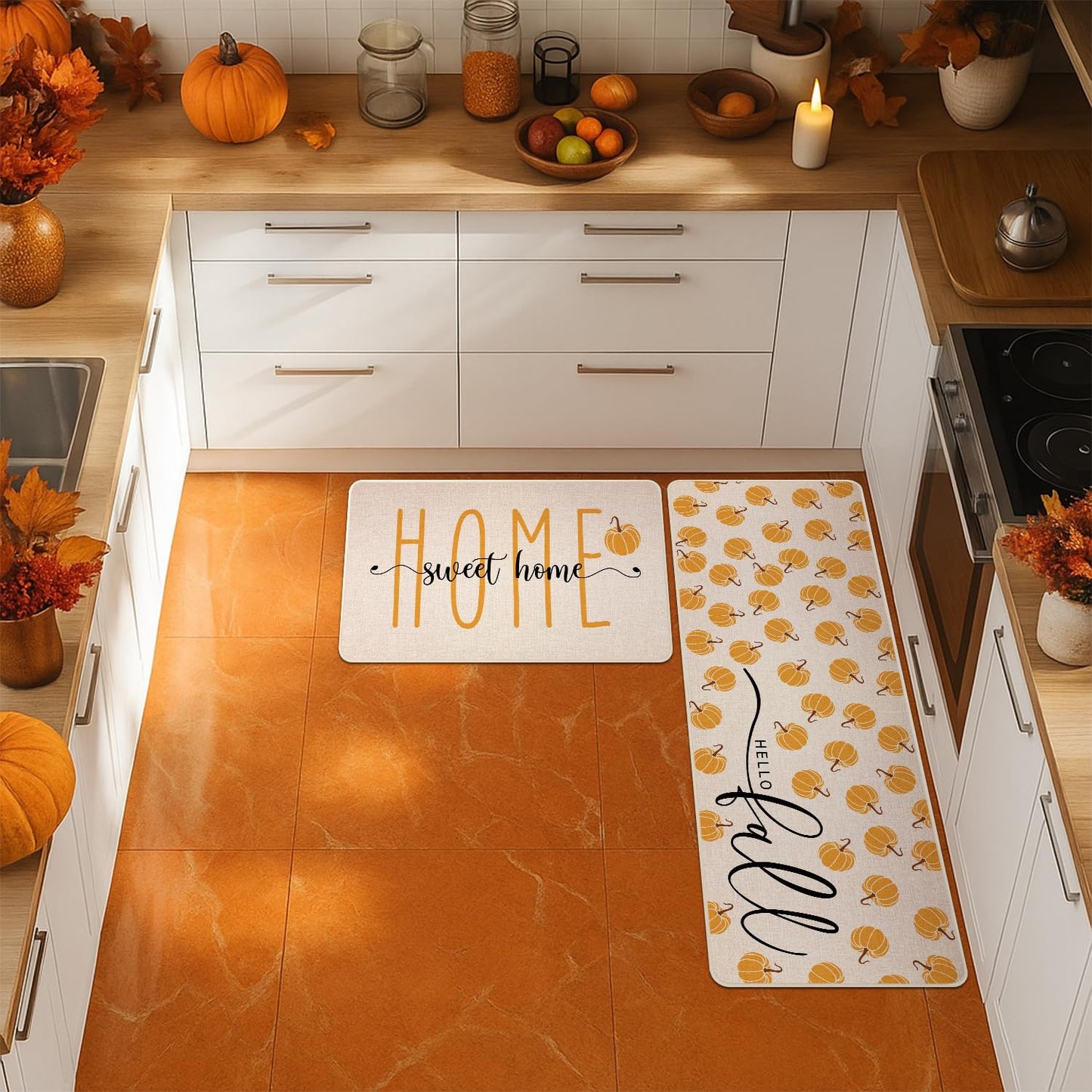 Siilues Fall Kitchen Mats Set of 2, Non-Slip Sweet Home Hello Fall Kitchen Rugs for Floor Seasonal Autumn Home Decor Low-Profile - 17x29 and 17x47 Inch