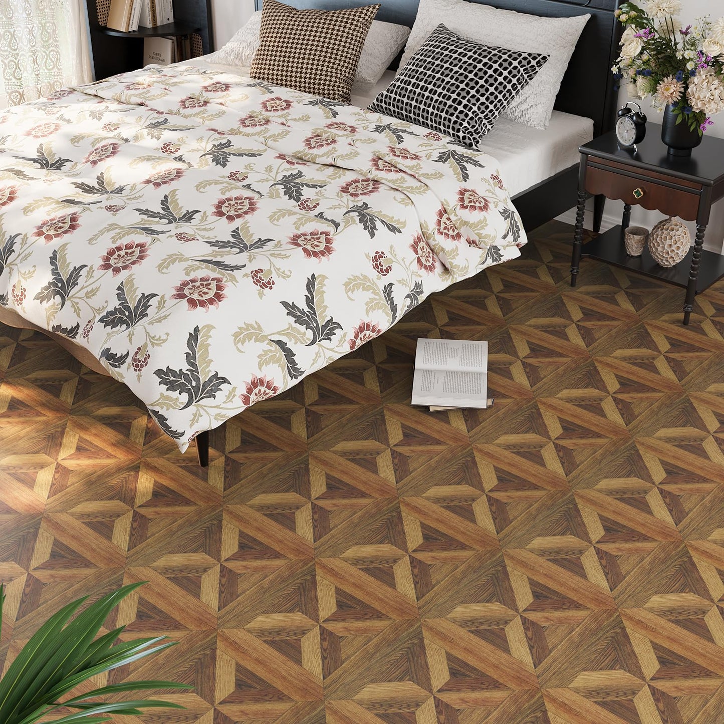 VEELIKE Peel and Stick Vinyl Flooring Roll Waterproof Self Adhesive Wood Grain Parquet Peel and Stick Floor Tile 12''x59'' Vinyl Sheet Linoleum Flooring Roll for Kitchen Bathroom Bedroom Living Room