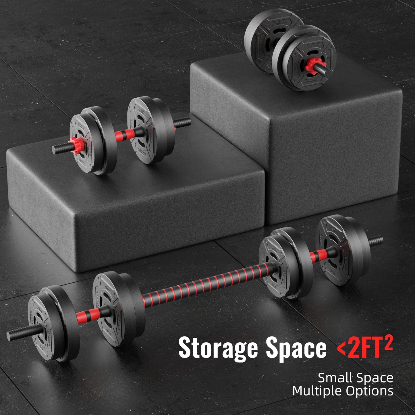 Fitvids Multi-Functional Portable Changeable Dumbbell and Barbell Kettlebell Set with Adjustable Weights, 40LBS or 60LBS Sets, 2-in-1 or 4-in1, Multiple Sizes
