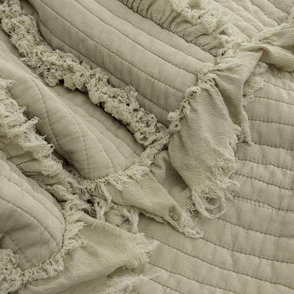Ultra Soft Pre-Washed Quilted Boho Sage Green Twin Size Blankets for Bed, Olive Green Ruffle Fringed Decorative Throw, Stone Washed Chic Rustic Blanket for Sofa Couch Bed, 60"*80"