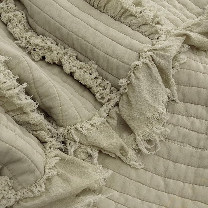 Ultra Soft Pre-Washed Quilted Boho Olive Green King Size Blankets for Bed, Sage Green Ruffle Fringed Decorative Throw, Stone Washed Chic Rustic Blanket for Sofa Couch Bed, 104"*90"