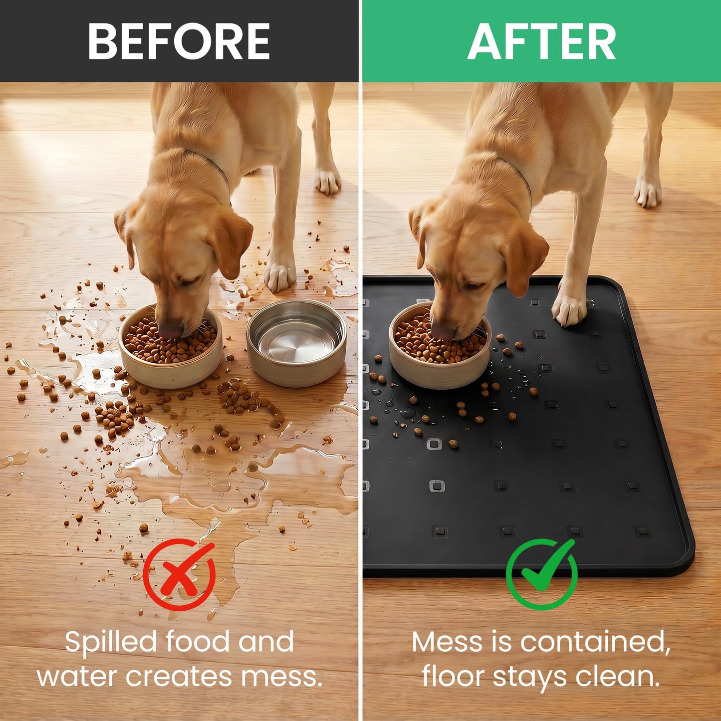 TCULOSD Silicone Pet Feeding Mat, 26x18 Inch Waterproof Dog Bowl Mat – Non-Slip, Machine Washable, Thin 0.23 Inch Edge for Messy Eaters, Protects Hardwood & Tile Floors, Black