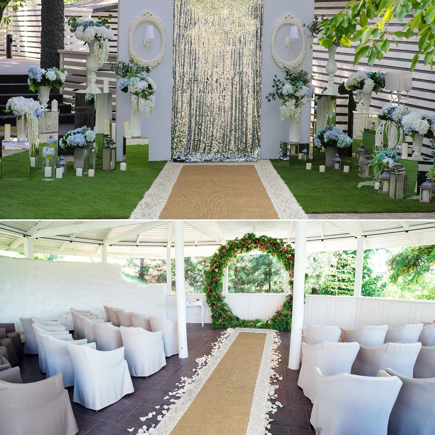 Preboun 3ft x 30 ft Wedding Aisle Runner Outdoor Natural Burlap Aisle Runner for Wedding Ceremony Wide Rustic Jute Carpet Rug with Lace Outdoor Beach Ceremony Decorations for Garden Lawn Church