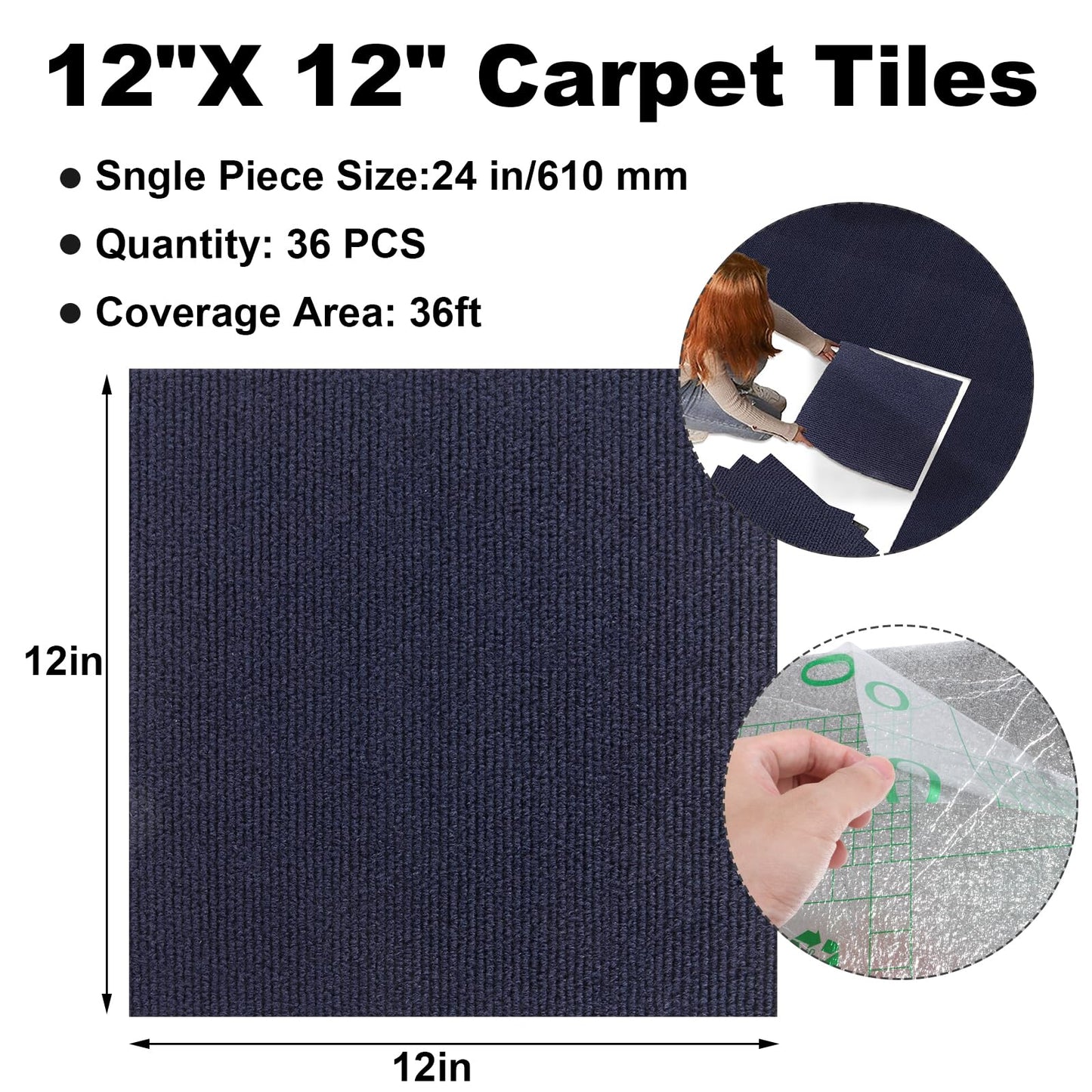 36 Pack Peel and Stick Carpet Tiles Squares 12" x 12" Self Adhesive Carpet Tiles Soft Padded Carpet Floor Tile for Office, Living Room, Bedroom,Dining Room