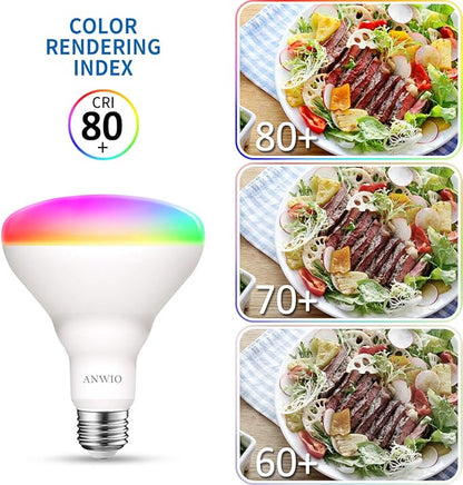 ANWIO Smart Light Bulb BR30 RGB Color Changing LED WiFi Dimmable Multicolor Light Bulbs E26 Base, Compatible with Alexa, Google Assistant, No Hub Required, 1300 Lumen 13W (100W Equivalent) 4 Pack
