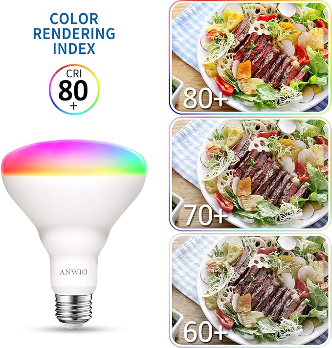 ANWIO Smart Light Bulb BR30 RGB Color Changing LED WiFi Dimmable Multicolor Light Bulbs E26 Base, Compatible with Alexa, Google Assistant, No Hub Required, 650 Lumen 8.5W (60W Equivalent) 4 Pack