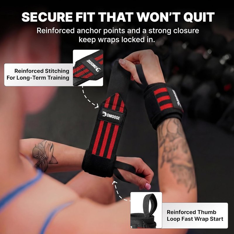 DMoose Fitness Wrist Wraps - Heavy Duty Weightlifting Support Straps | 18" with Thumb Loop for Pain Relief