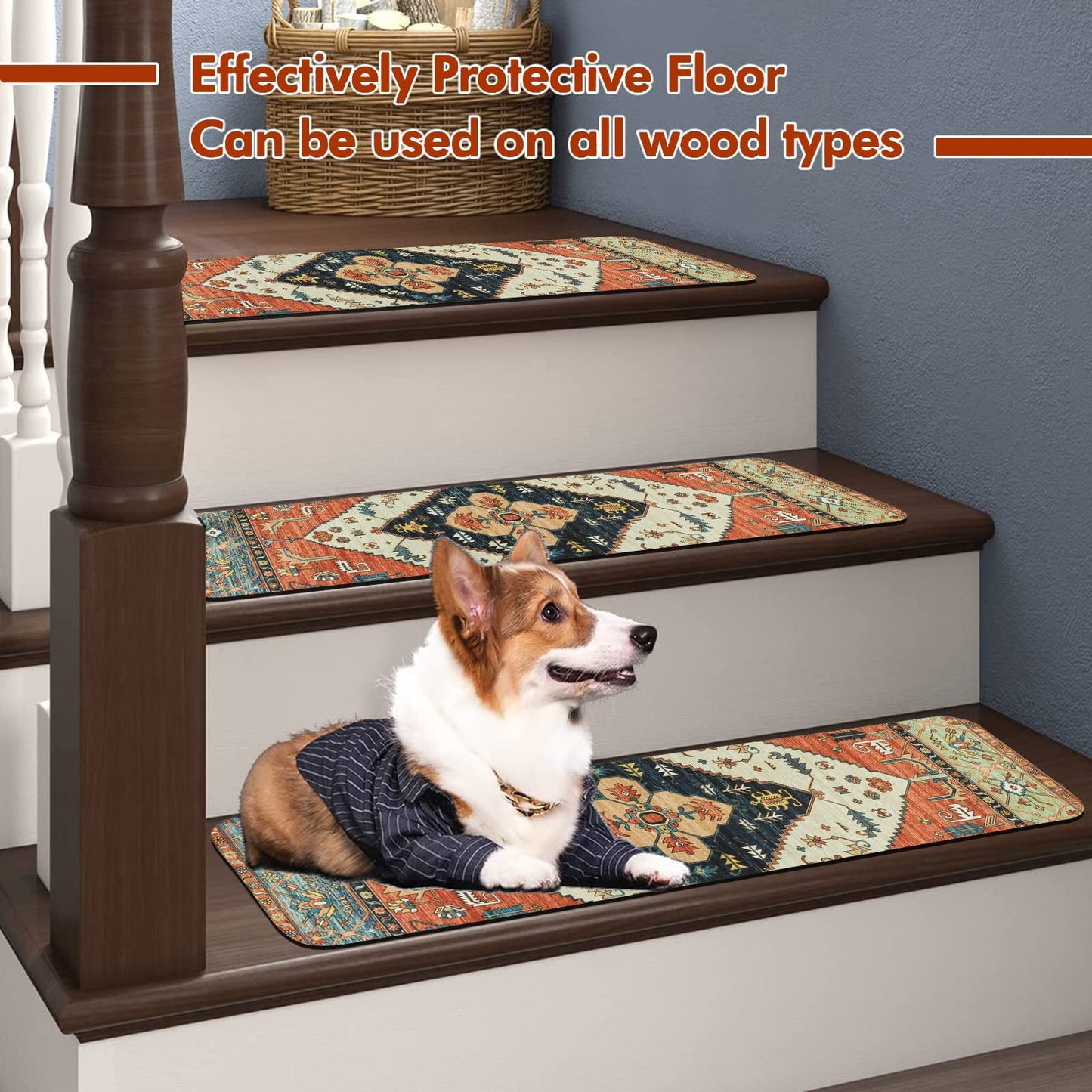 OJIA Non-Slip Carpet Stair Treads for Wooden Steps Set of 15, 30''X8'' Indoor Runner Resistant Rugs Rubber Safety Mats for Dogs, Kids & Elders, Stairway Grip