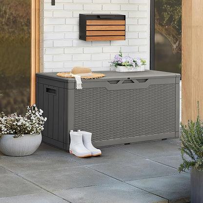 Greesum 100 Gallon Resin Patio Storage Box for Garden Tools, Outdoor Furniture Cushions, Pool Supplies, Gray