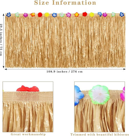 Aodaer 2 Pack Thickened Grass Table Skirt Natural with Hibiscus Flowers 400g Hawaiian Luau Tropical Party Decor Fringe Party Decoration for Costume Tiki Tropical Hawaii Moana Birthday, Straw Yellow