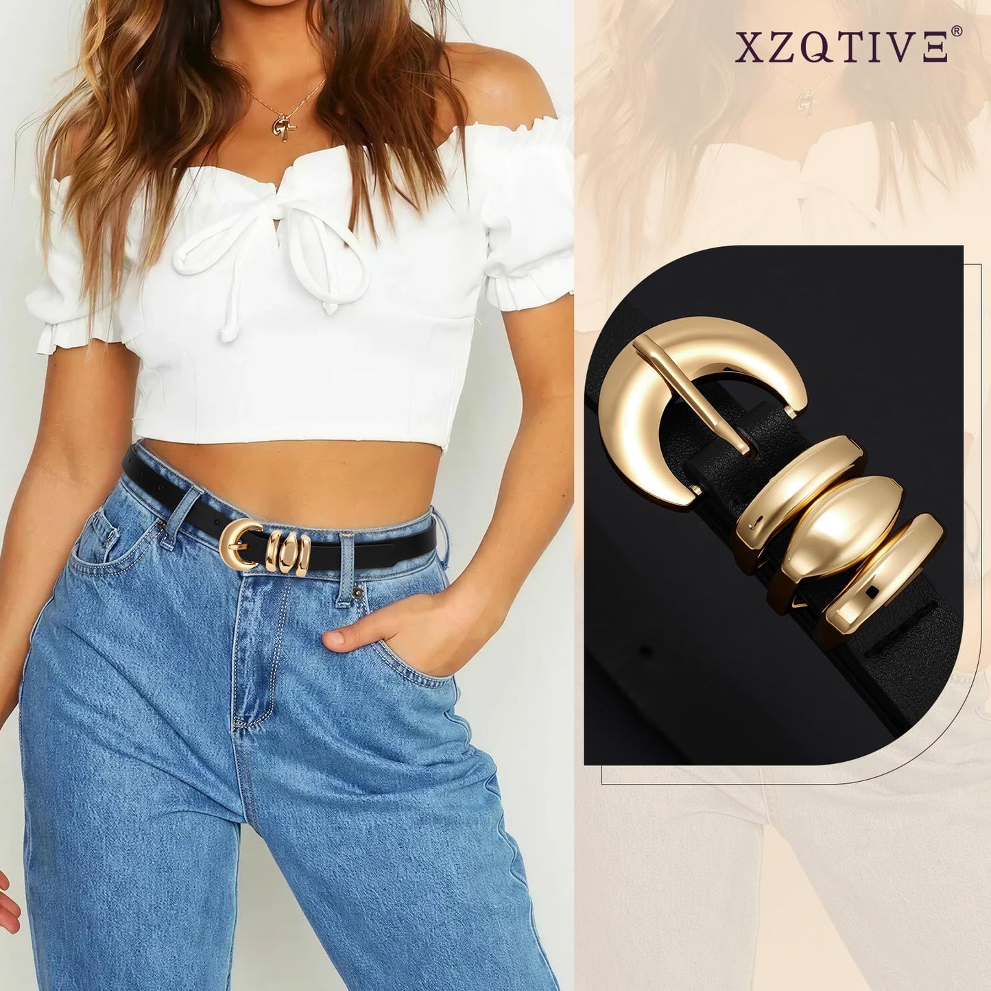 XZQTIVE 2 Pack 0.71'' Womens Skinny Leather Belts for Ladies Thin Waist Belt for Jeans Dress Pants with Fashion Gold Buckle, Black/Brown, Fits Pant Sizes 33-37 inch