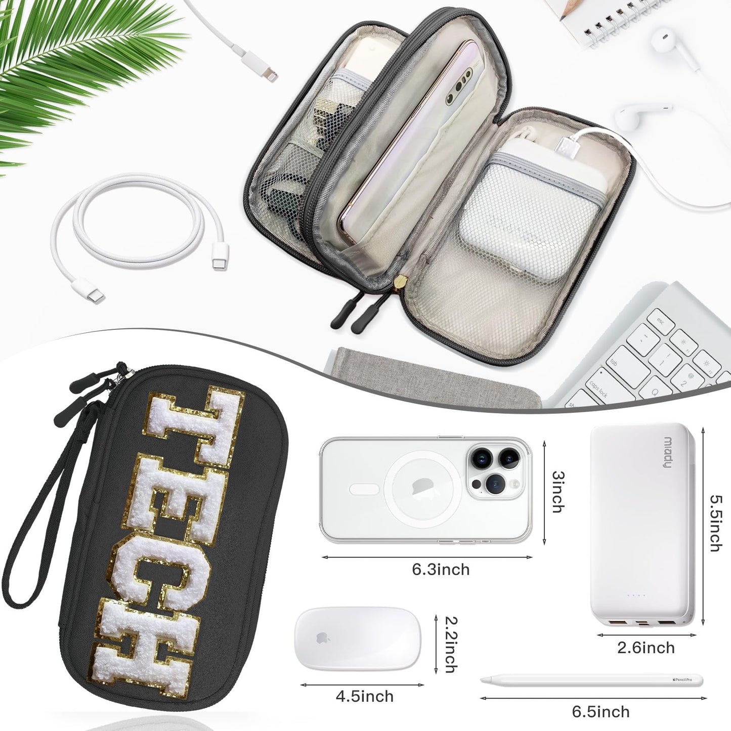 COSHAYSOO Small TECH Pouch Electronics Organizer Travel Bag Personalized Valentines Traveling Gifts for Women, Charging Cords Phone Charger USB Cable Management Airplane Cruise Essentials Black