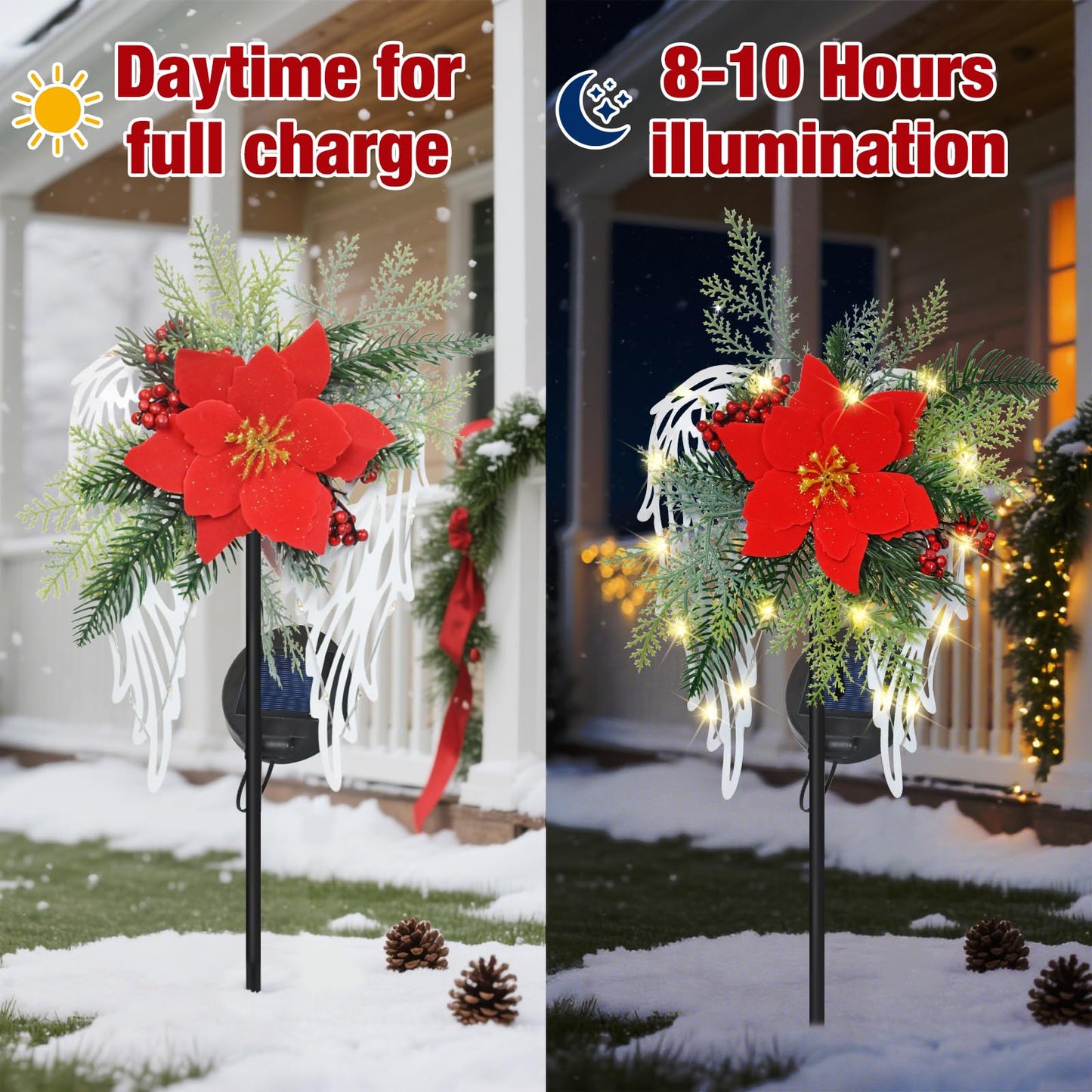 Solar Christmas Lights Outdoor Decorations, Angel Wings Garden Stake Lights Waterproof with Poinsettia Decor for Pathway, Patio, Yard, Lawn