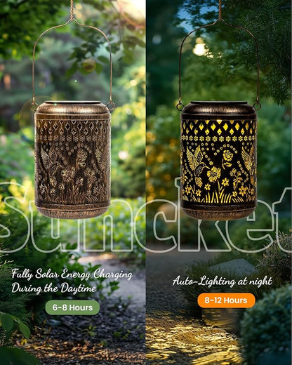 Solar Lanterns Outdoor Hanging Waterproof,2Pack Hummingbird Garden Decor Gifts for Women Mom, Solar Lights Metal Fall Decoration Outside for Yard, Patio,Garden,Backyard,Porch