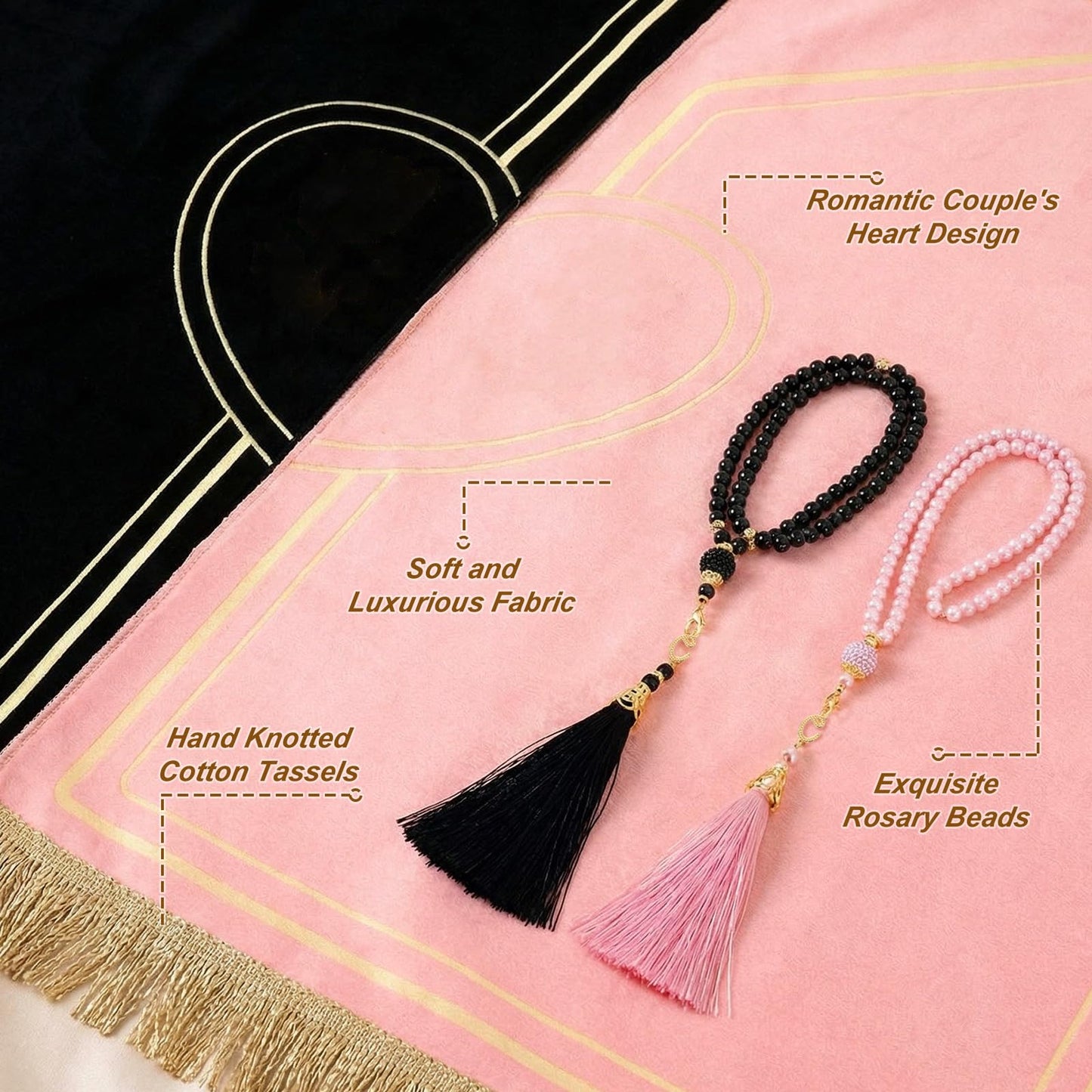 Drydiet 2 Pcs Muslim Couple Prayer Rug Set Heart Design with 2 Pcs Prayer Beads Islamic Muslim Gift Black and Pink Travel Mat Soft Velvet Mat for Couple Women Men Ramadan Eid Wedding Birthday