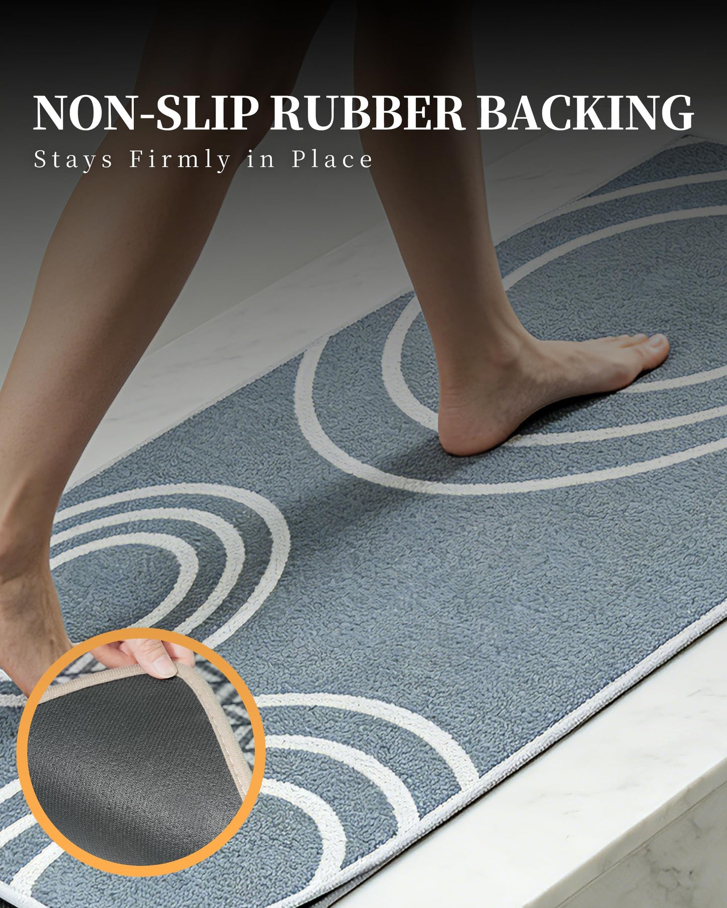 Washable Kitchen Rug Set of 2 Non Slip Runner Rug and Mat Blue Circle