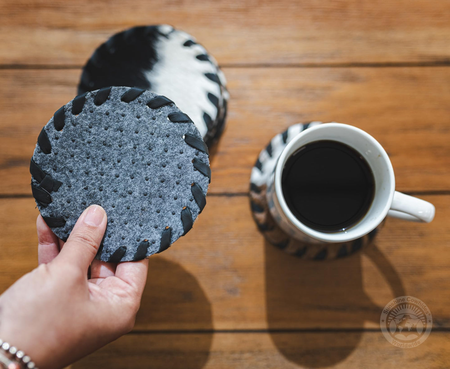Sunshine Cowhides Natural Cowhide Coaster - 4.5" Round Assorted Tones Genuine Leather Coasters for Coffee Table, & Dining Tables, Ideal Cow Print Kitchen Accessories for Home & Office - Set of 8