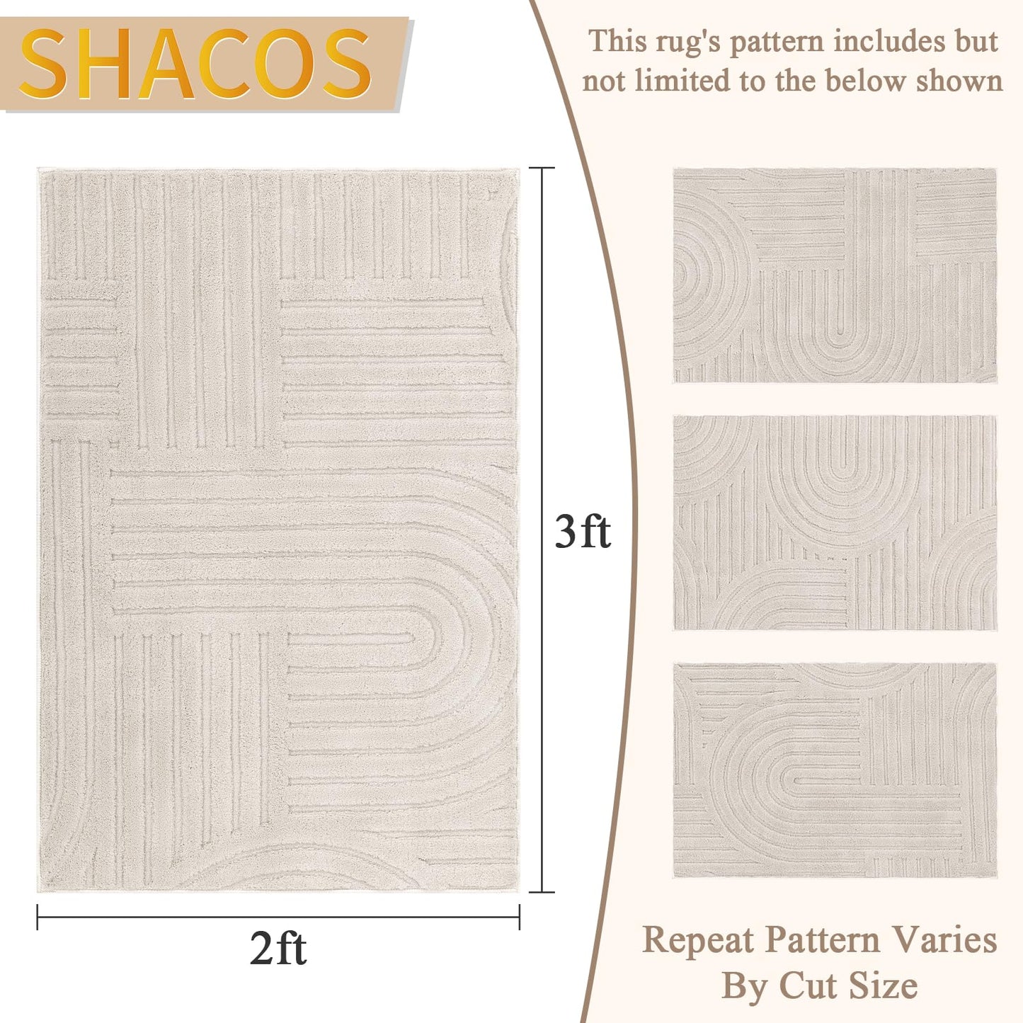 SHACOS Soft Cozy Fluffy Arch Pattern High-Low Pile Small Rug 2'x3' Non Slip Washable Textured Minimalist Area Rugs Modern Geometric Carpet for Bedroom Bathroom Kitchen, Beige