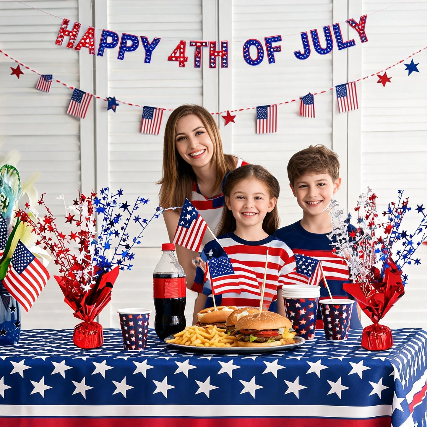6 Pack 4th of July Table Centerpiece Decoration, Metallic Foil Spray Star Burst Patriotic Decor for 250th Anniversary Independence Day, Holiday Memorial Day Party Supplies Decor (Silver&Blue&Red)