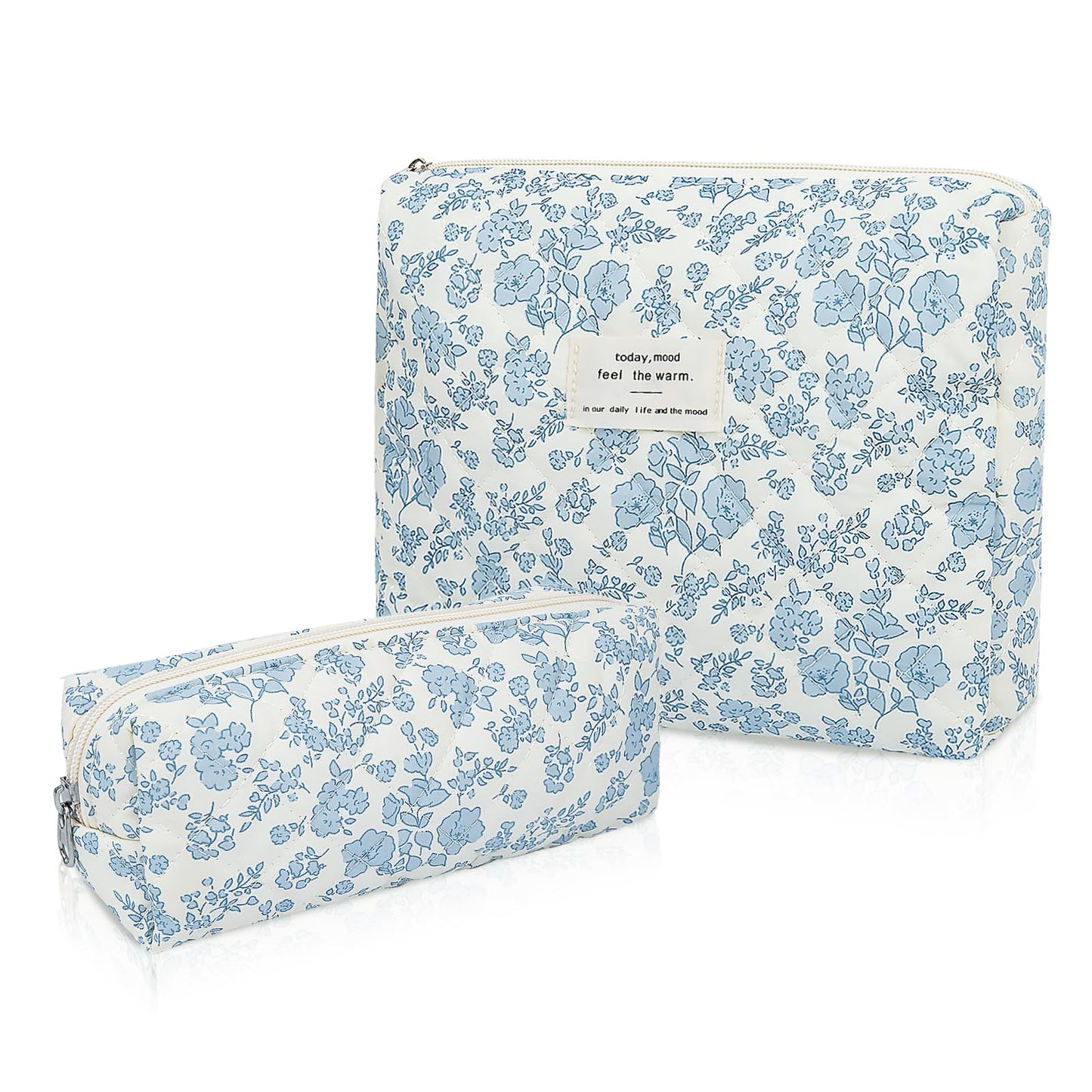 Gosect 2PC Makeup Bag Set, Cute Cosmetic Bag for Women Girls, Floral Coquette Aesthetic Toiletry Bag, Travel Make Up Organizer Bag (Blue Floral)