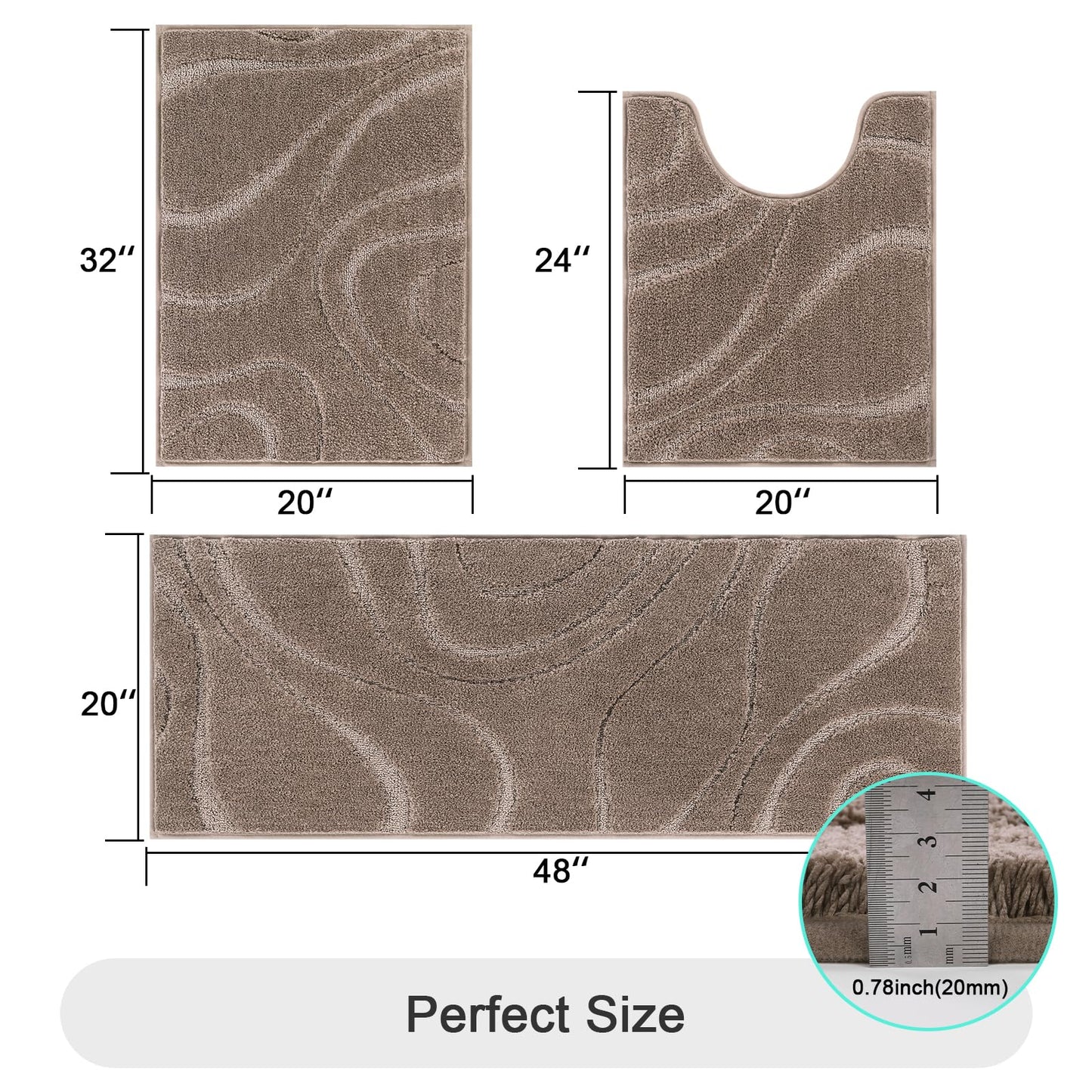 HEBE Bathroom Rug Sets 3 Piece, Non Slip Shower Mats with U-Shaped Contour Toilet Mat, Absorbent Microfiber Bath Mats for Bath Rugs, Washable Shaggy Floor Carpet, Coffee