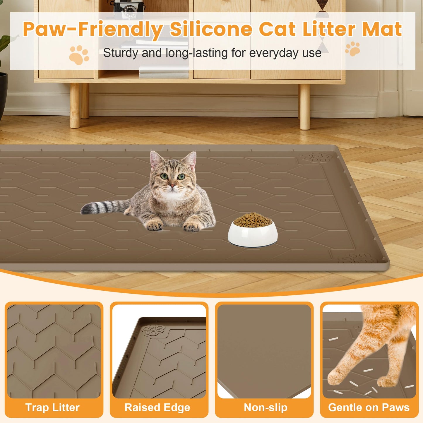 Motsamla Cat Litter Mat, Extra Large 40"x28" Silicone Mat for Litter Box, Waterproof & Non-Slip Rubber Mat with Lip, Litter Trapping & Scatter Control, Soft on Cat Paws, Urine-Proof Floor Protector