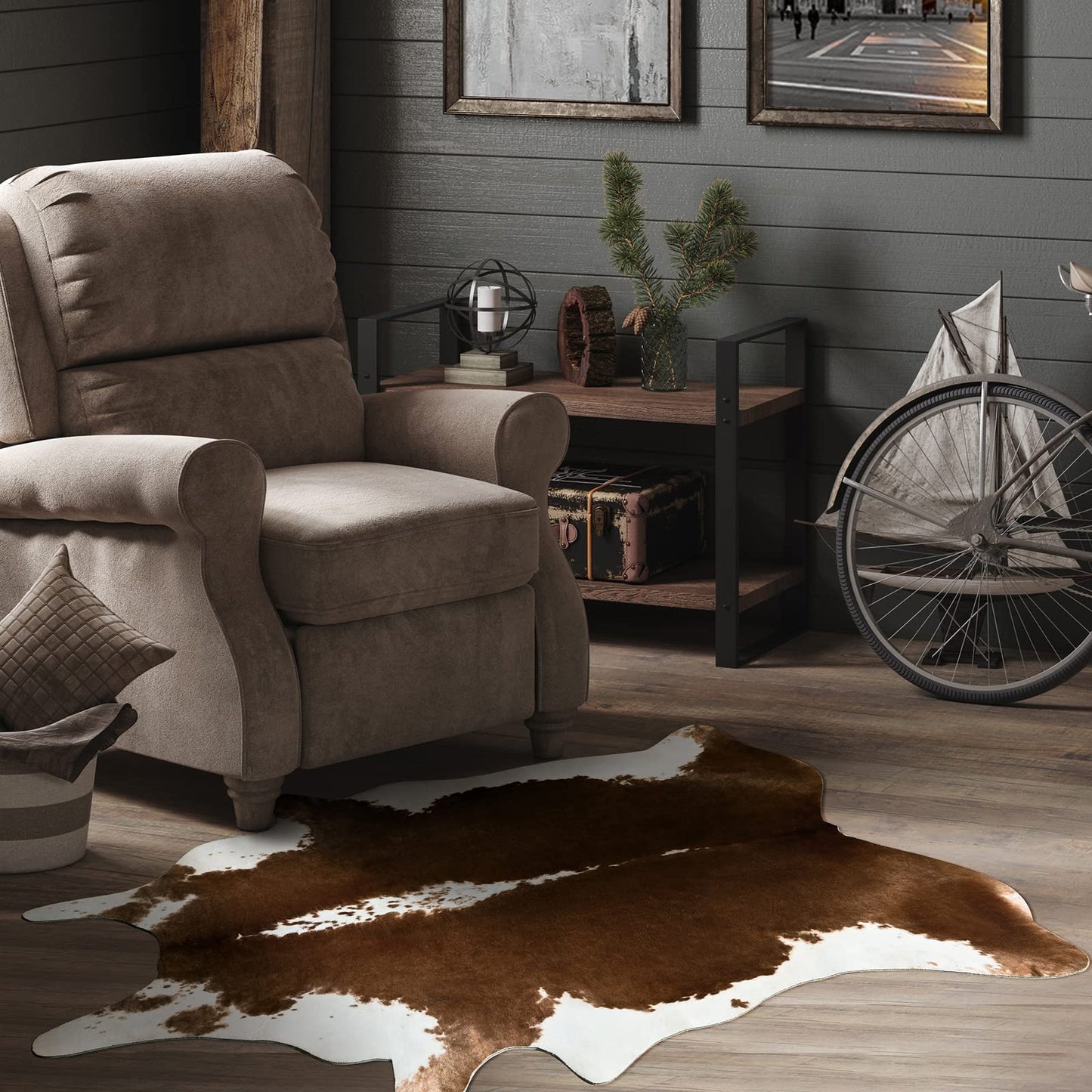 HOMORE Cowhide Rug, Cute Cow Print Rug for Living Room Faux Cow Hide Animal Print Carpet for Bedroom Office Table, 3.6 x 2.3 Feet, Khaki Brown