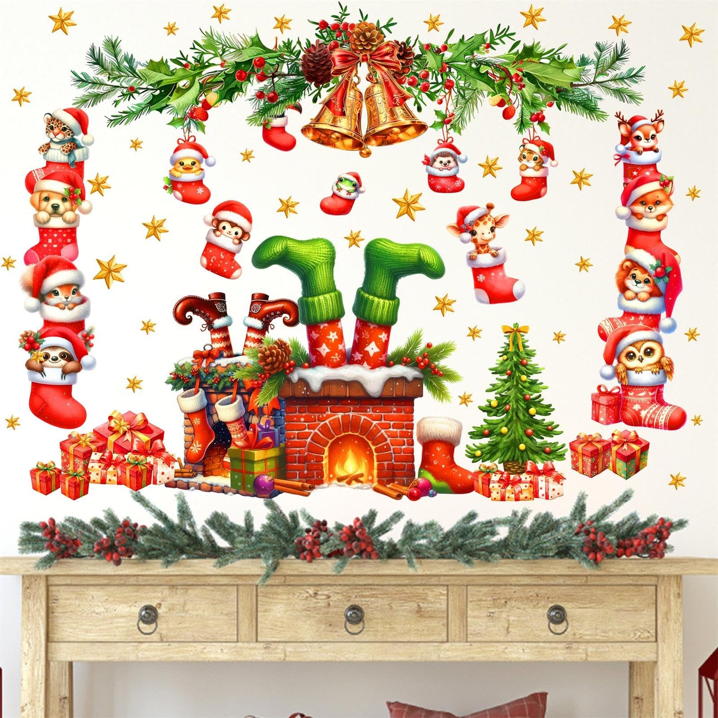 Christmas Fireplace Wall Decals Large Winter Pine Tree Branch Wall Stickers Xmas Bell Funny Animal Holiday Wall Decorations Removable Merry Christmas Wall Stickers Party Supplies