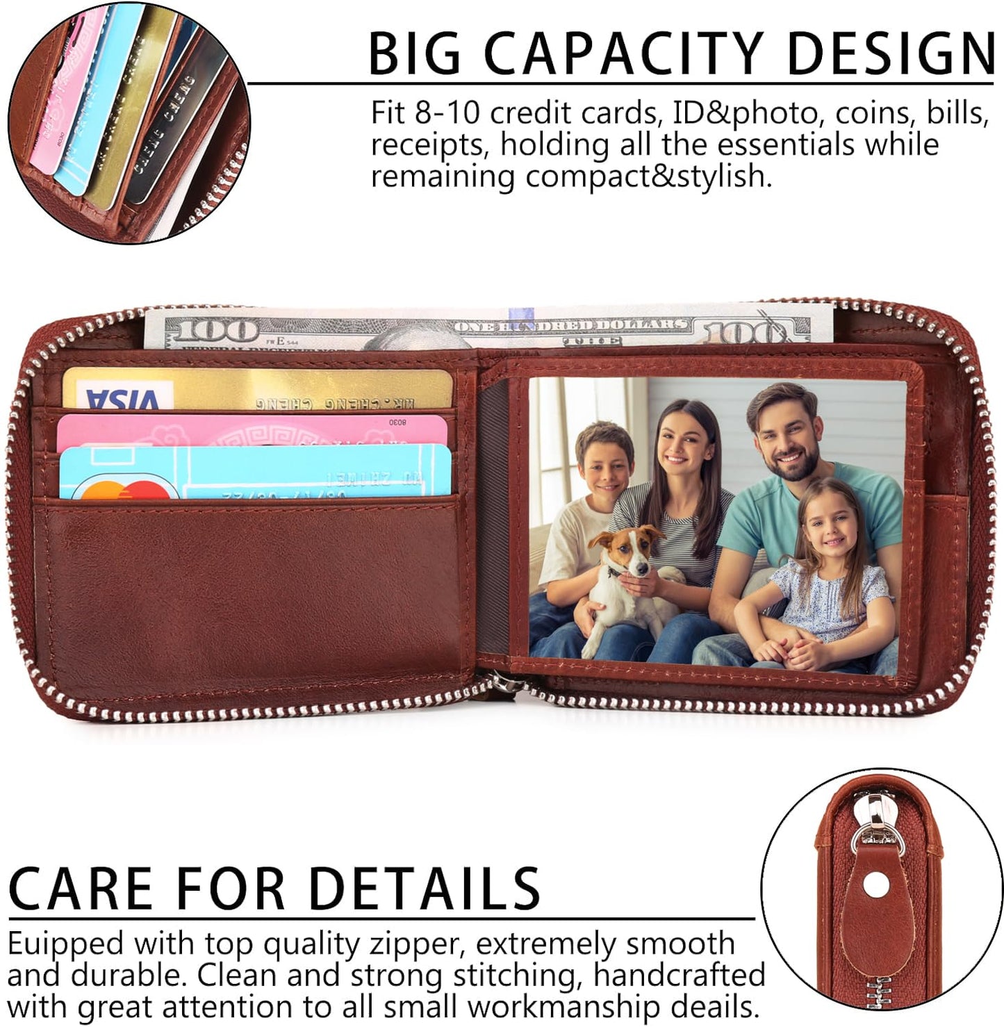 CALFART Slim Zipper Wallets For Men RFID Leather Mens Bifold Creidt Card Holder Zip Around Wallet With Coin Pocket