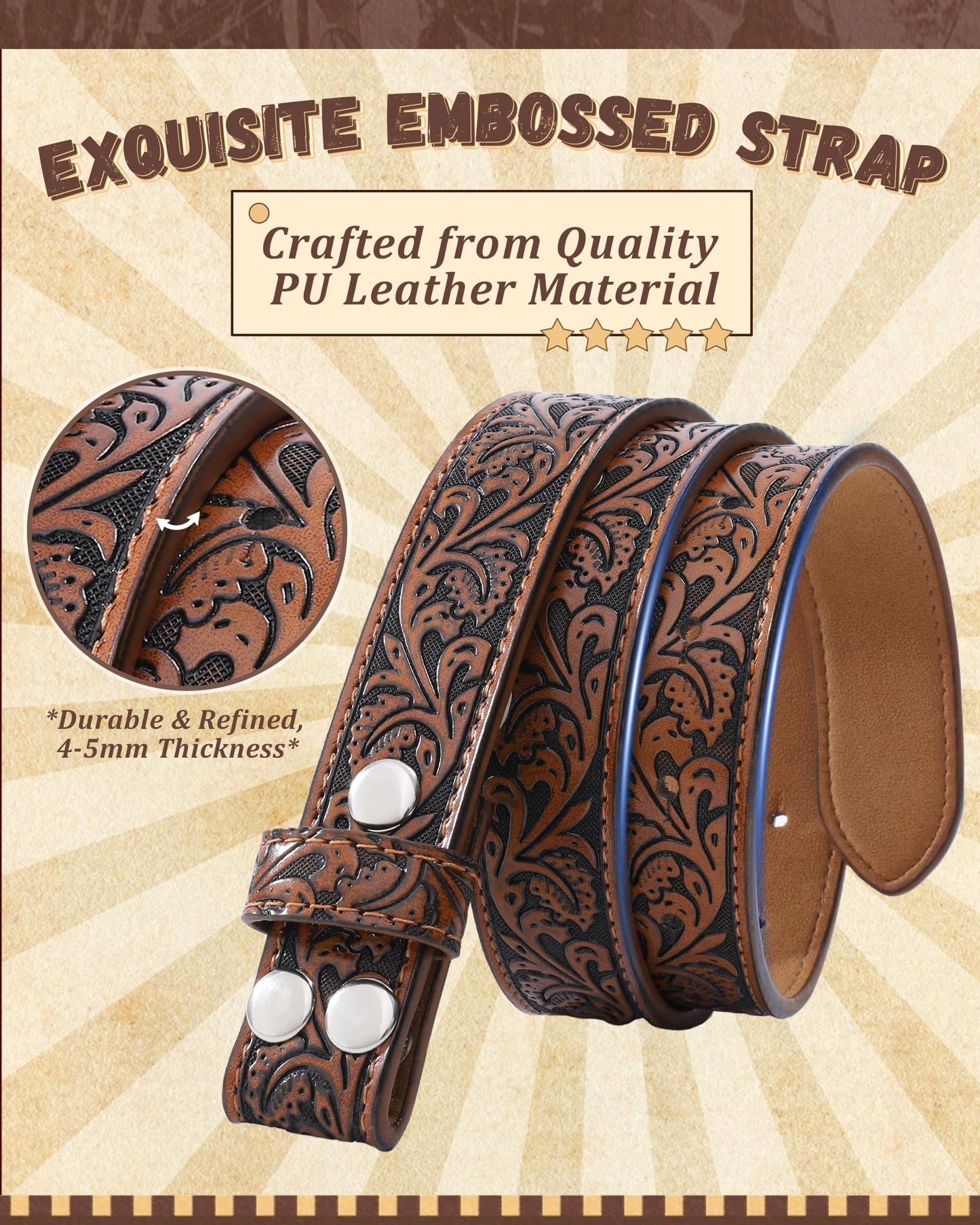 AWAYTR Kids Western Belt with Detachable Buckle - PU Leather, 3 Sizes (23"-34.5"), Adjustable for Daily Wear & Halloween (Horse Buckle-Dark Brown, Fit Waist: 23"-26")