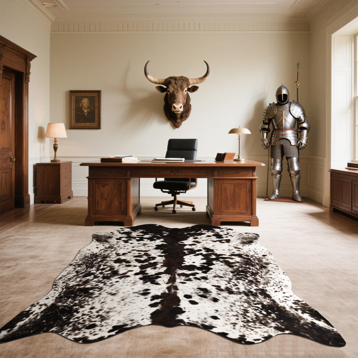 SUNYIWEI Faux Cowhide Rug, 4.6 x 5.2 ft Cowhide Rug for Living Room, Bedroom, Wall - Non-Slip,Brown White
