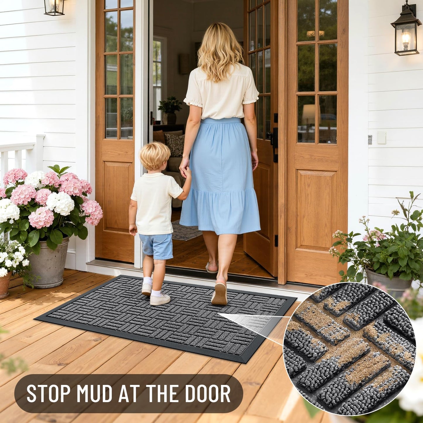 OLANLY Front Door Mat Outside Entrance 47x17, Absorbent, Heavy Duty Sturdy Natural Rubber Doormat Indoor Outdoor, Stain and Fade Resistant, Non-Slip Backing Low Profile Floor Mat for Entryway, Grey