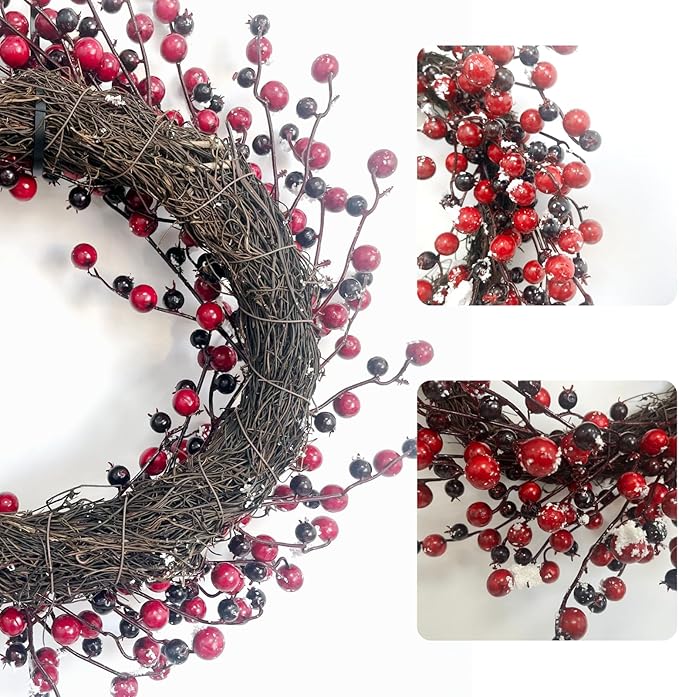 Red Berry Wreath, 20" Christmas Wreath with Red and Black Berry, Handmade Winter Wreath Christmas Wreaths for Front Door Home Indoor Outdoor Xmas Decor
