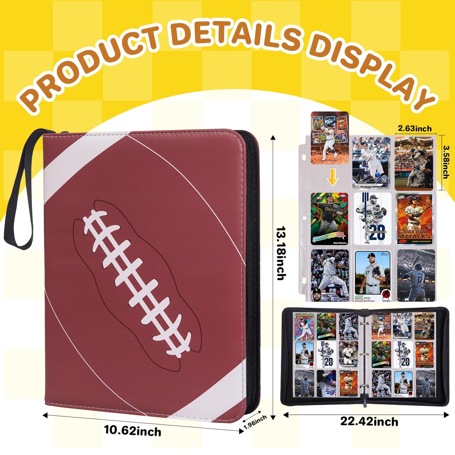 Card Binder 9 Pocket - Football Trading Card Binder Fits 990 Cards With 55 Removable Sleeves, Double Sided Pocket Zipper Card Binder for MTC, TCG, Game Cards, Sports Cards