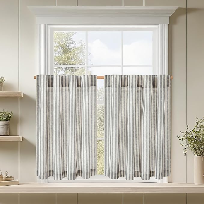 jinchan Striped Linen Kitchen Curtains 36 Inches Tier Curtains Farmhouse Modern Cafe Style Small Window Treatments Airy Light Filtering Rod Pocket for Living Room Bathroom 2 Panels Charcoal Grey