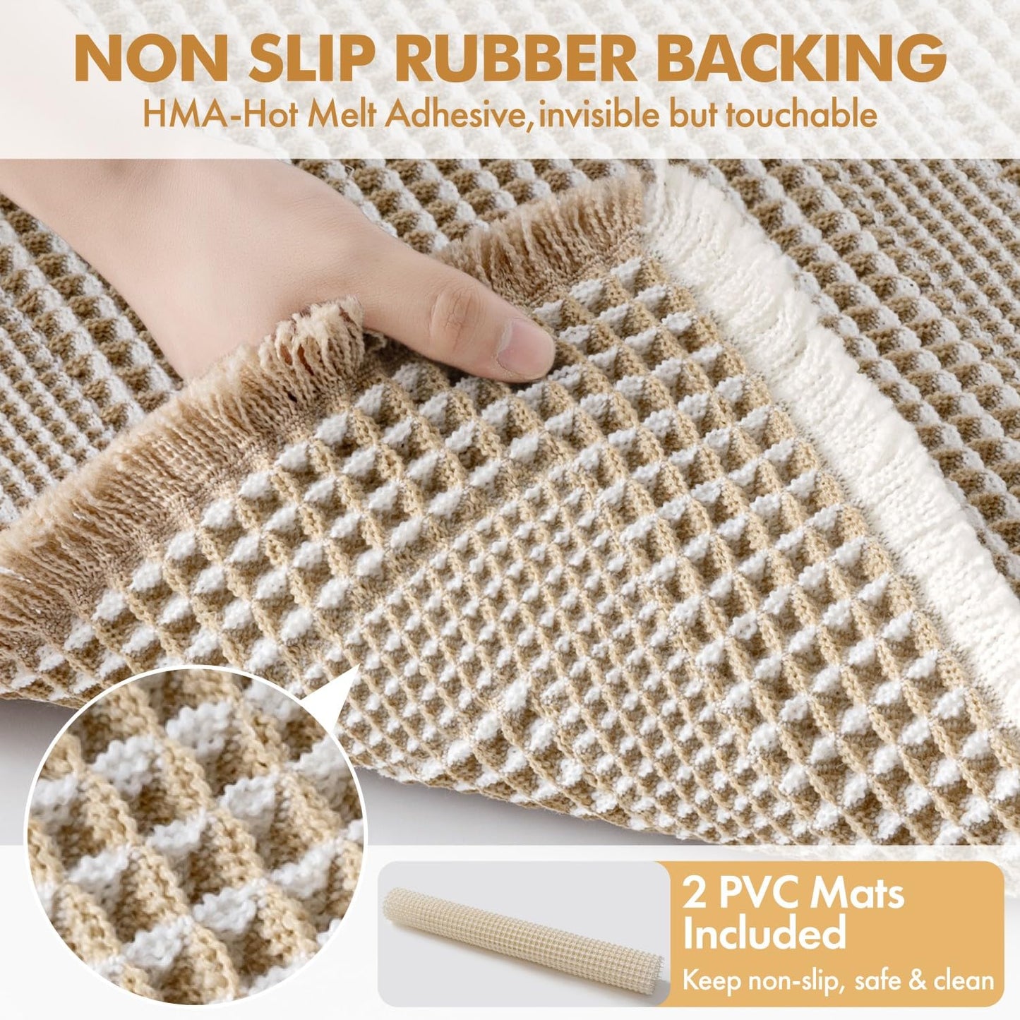 MIULEE Set of 2 Waffle Bathroom Rugs, Boho Bath Rug Super Absorbent, Non Slip Washable Ultra Soft Rubber Backed Beige Bath Mats for Floor, Tub, Shower, Looped Design, Brown & Cream, 17"x24"+18"x30"