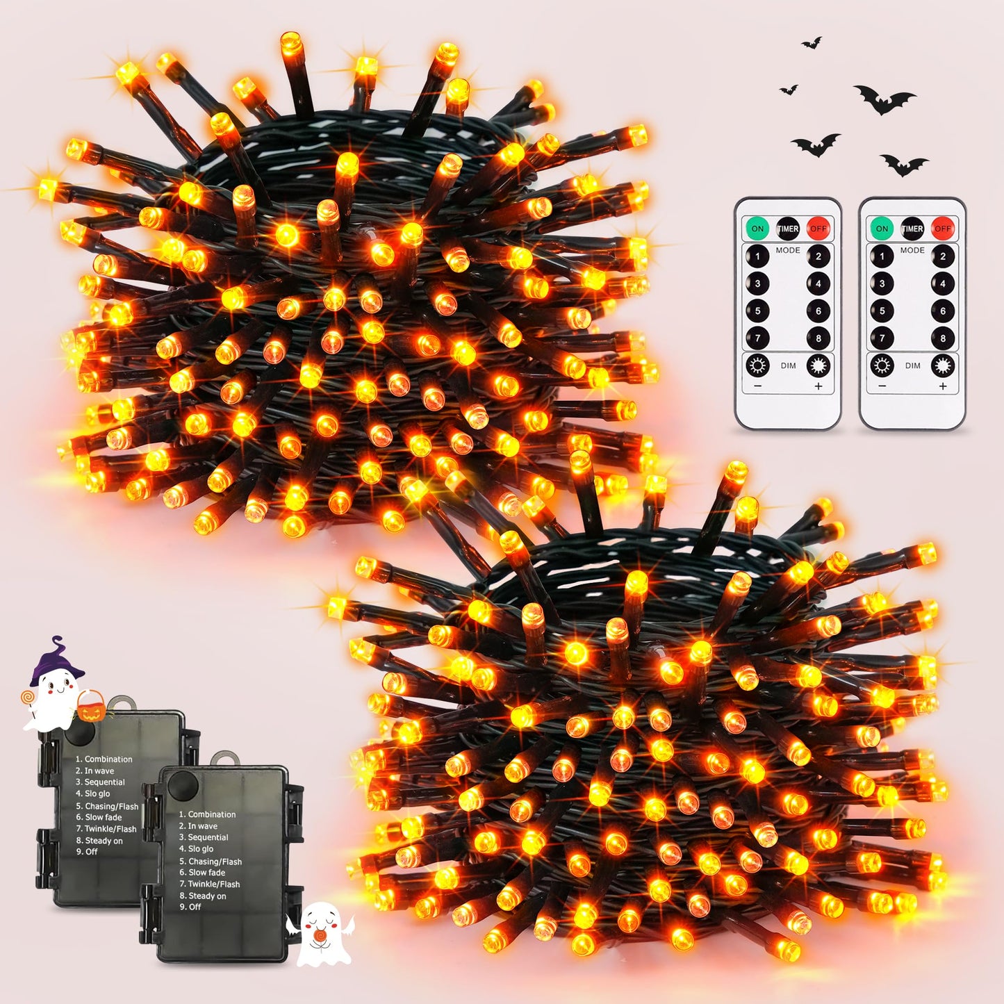 JMEXSUSS Orange Halloween Lights Battery Operated, Each 33 FT String Lights Indoor Outdoor Waterproof, 2 Pack 100 LED Christmas Light for Halloween Tree Thanksgiving Decorations