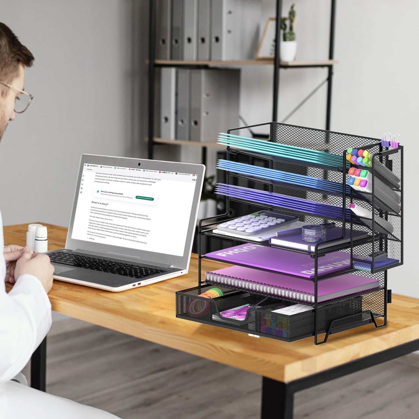 ReePlan 4 Tier Desk Organizer + 3 Tier File Holder + 4 Pen Holders + Drawer, 7 Tier Desk File Organizers, Desk Organizers and Accessories for Office Home School, Black