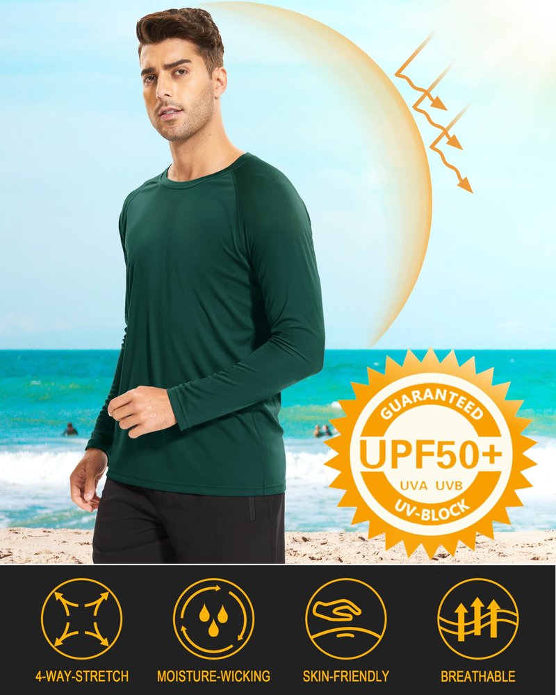 Workout Shirts for Men Set Long Sleeve Summer Shirts Men UPF 50 Quick Dry Shirts Athletic T-Shirt Sun Shirts Hiking Shirts Dark Green