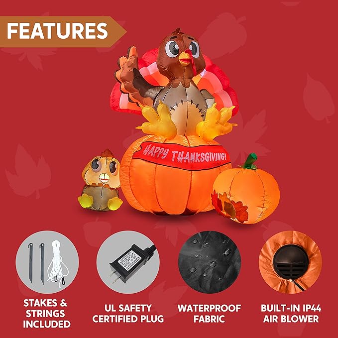 Joiedomi 6 ft Thanksgiving Inflatable Turkey on Pumpkin Decoration, LED Light Up Blow Up Turkey for Autumn Thanksgiving Family Party Décor, Halloween Inflatable for Yard Garden