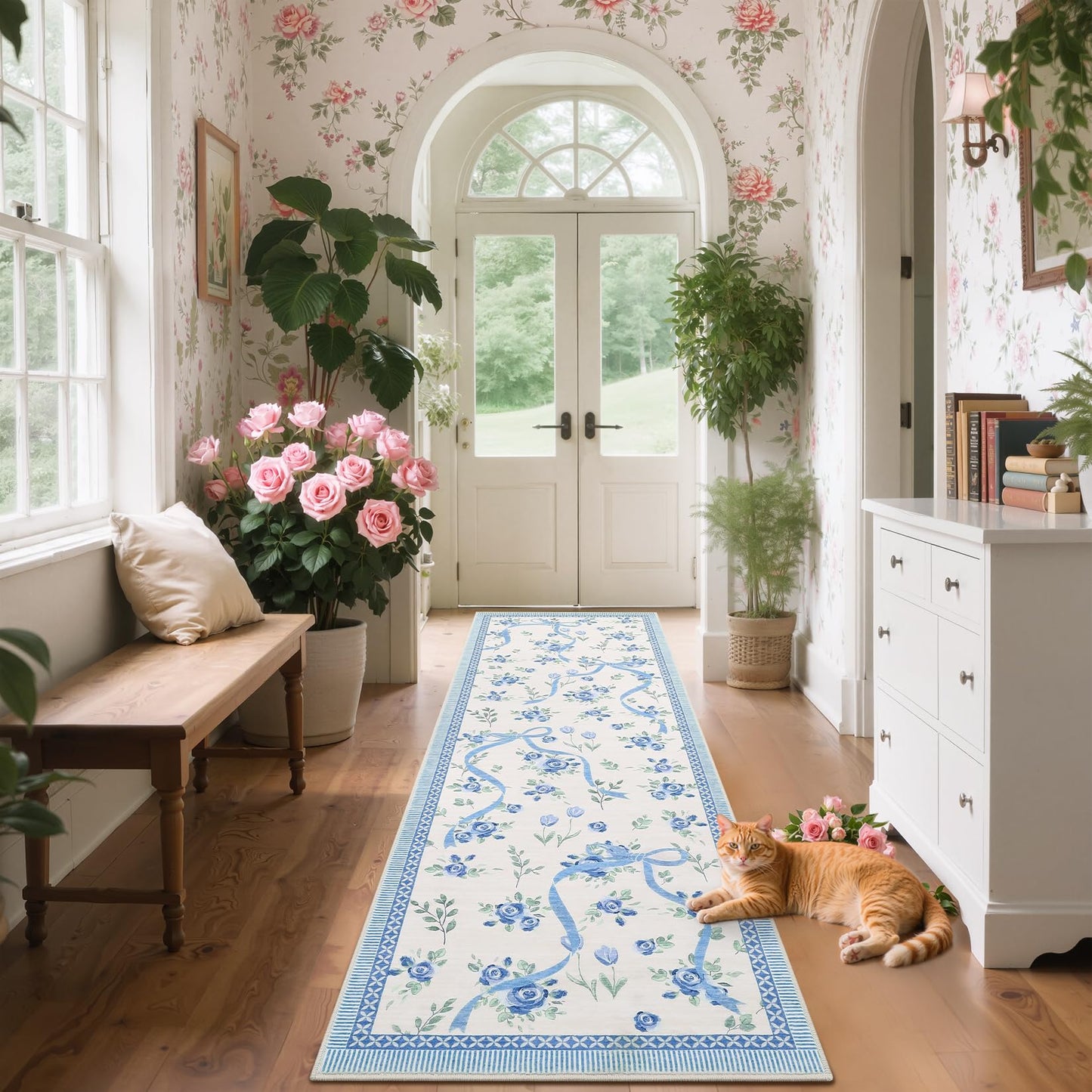 GarveeHome Runners for Hallways Non Slip, 2x6 Kitchen Runner Rug Blue and White Rugs for Bedroom Girls, Low Pile Soft Washable Runner Floral Bow Rug for Nursery Entryway Dorm