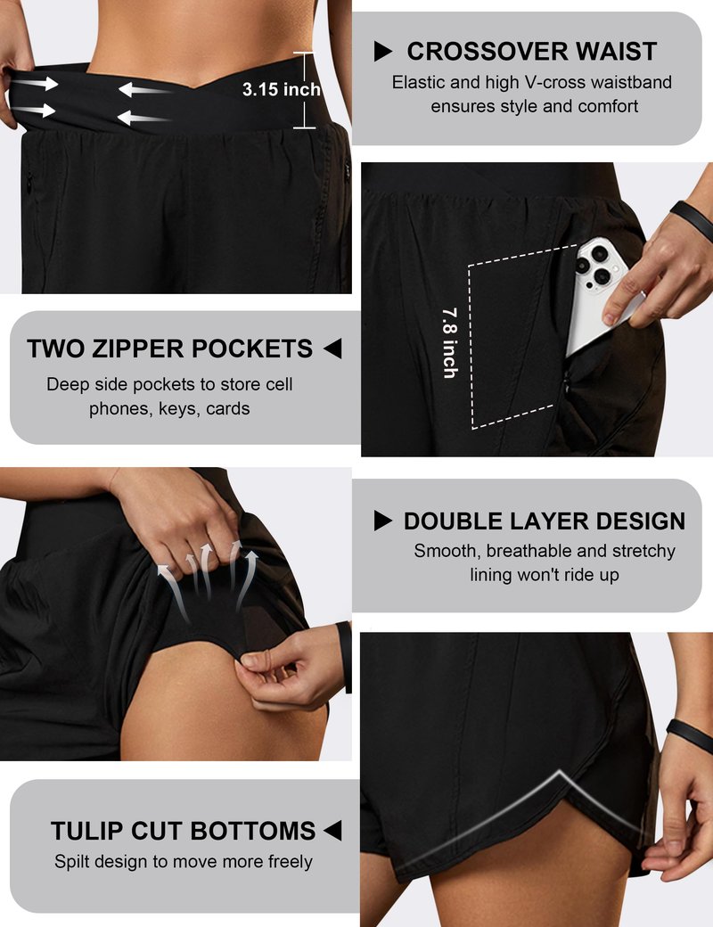 Blooming Jelly Women's Workout Shorts Athletic Running Crossover High Waisted Gym Sport Yoga Shorts with Zipper Pockets (Black,Small)