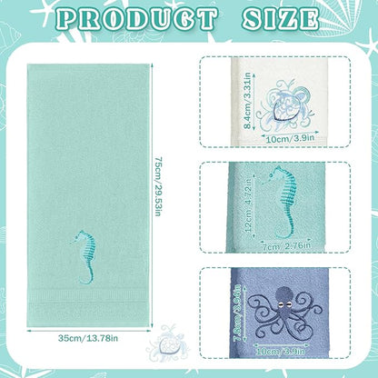 3 Pack Coastal Hand Towels for Bathroom 100% Cotton Embroidered Bathroom Towels
