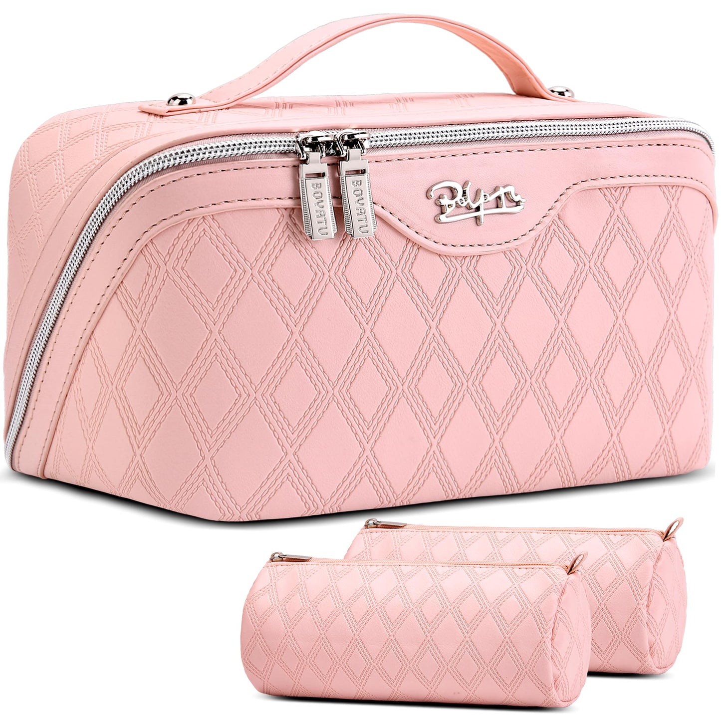 BOYATU Travel Makeup Bag for Women: Large Capacity 3-Piece Quilted Cosmetic & Toiletry Organizer - 2 Detachable Pouches Expand Storage by 50%, Open Flat for Easy Packing, Waterproof PU Leather(Pink)