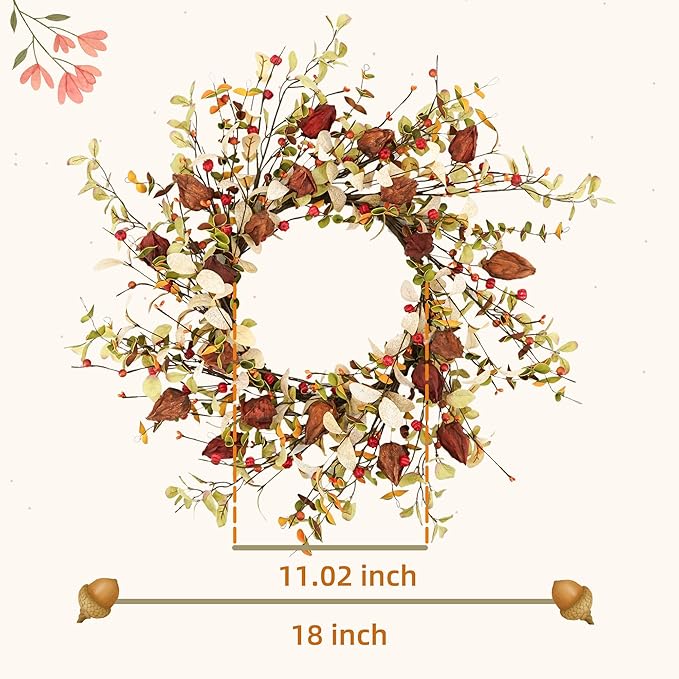YNYLCHMX 18" Fall Wreaths for Front Door, Artificial Autumn Wreath, Fall Wreath with Eucalyptus Leaves and Berries for Home Porch Window Wall Farmhouse Decor, Indoor Outdoor, Holiday Decor