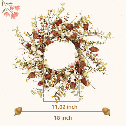 YNYLCHMX 18" Fall Wreaths for Front Door, Artificial Autumn Wreath, Fall Wreath with Eucalyptus Leaves and Berries for Home Porch Window Wall Farmhouse Decor, Indoor Outdoor, Holiday Decor
