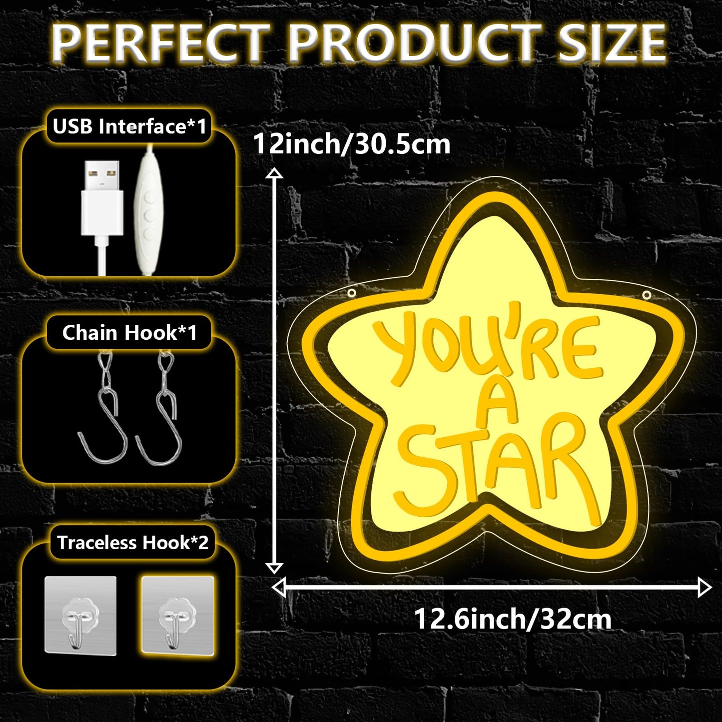 You're A Star Neon Sign,Star Dimmable LED Light Signs for Wall Art Decor,Inspirational Backdrop for Bedroom Club Party Kids' Rooms Classrooms,Gift for Women Man Teen USB Powered（13.8"*11.6"）