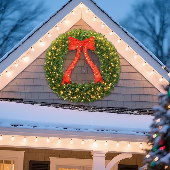 48in Christmas Wreath, 250 LED Lights (Warm White & Color, 10 Lighting Modes), Glowing Red Bow, 714 PVC Branch Tips, Power Plug-in, with Hooks, Holiday Decoration, Outdoor Door Decoration